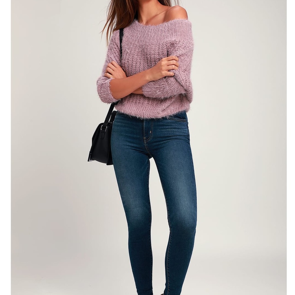 Lulus Carino Dusty Purple Off-the-Shoulder Fuzzy Cropped Sweater Size S/M - Picture 2 of 12